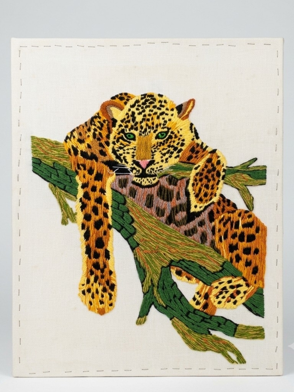 Hand-Embroidered Leopard Wall Hanging in Yellow & Green by